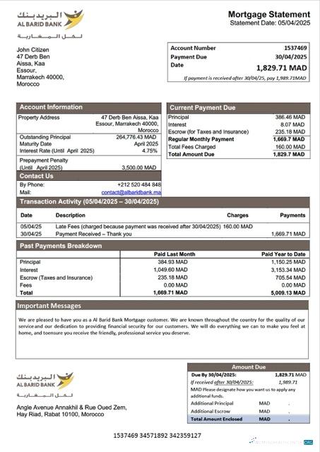 Download Morocco Al Barid Bank mortgage statement Word and PDF template Photoshop template